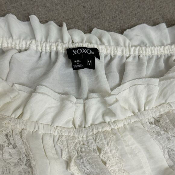 Vintage Blouse M Cream XOXO Lace Sheer Smocked Milkmaid Cottagecore Coquette Y2K - Picture 3 of 10